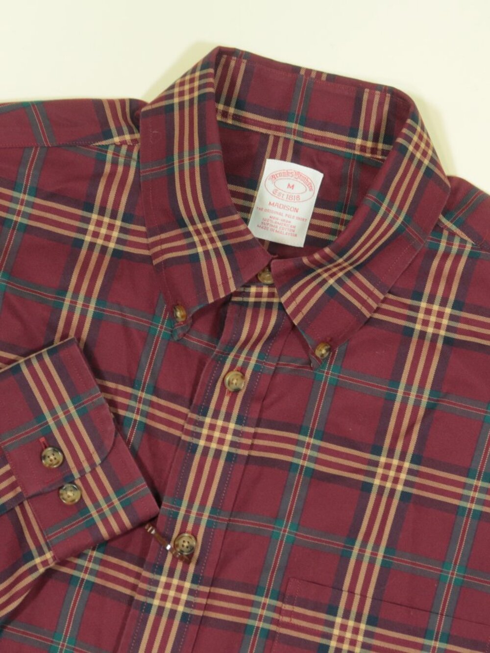 Brooks Brothers Non Iron Madison Fit Plaid Shirt Mens M Maroon Plaid